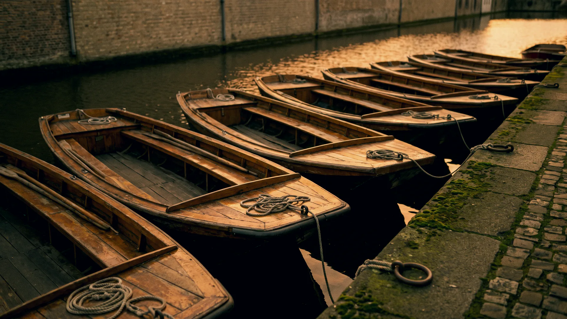 Empty wooden canal boats moored one behind another along a single stone quay in Bruges at golden hour.