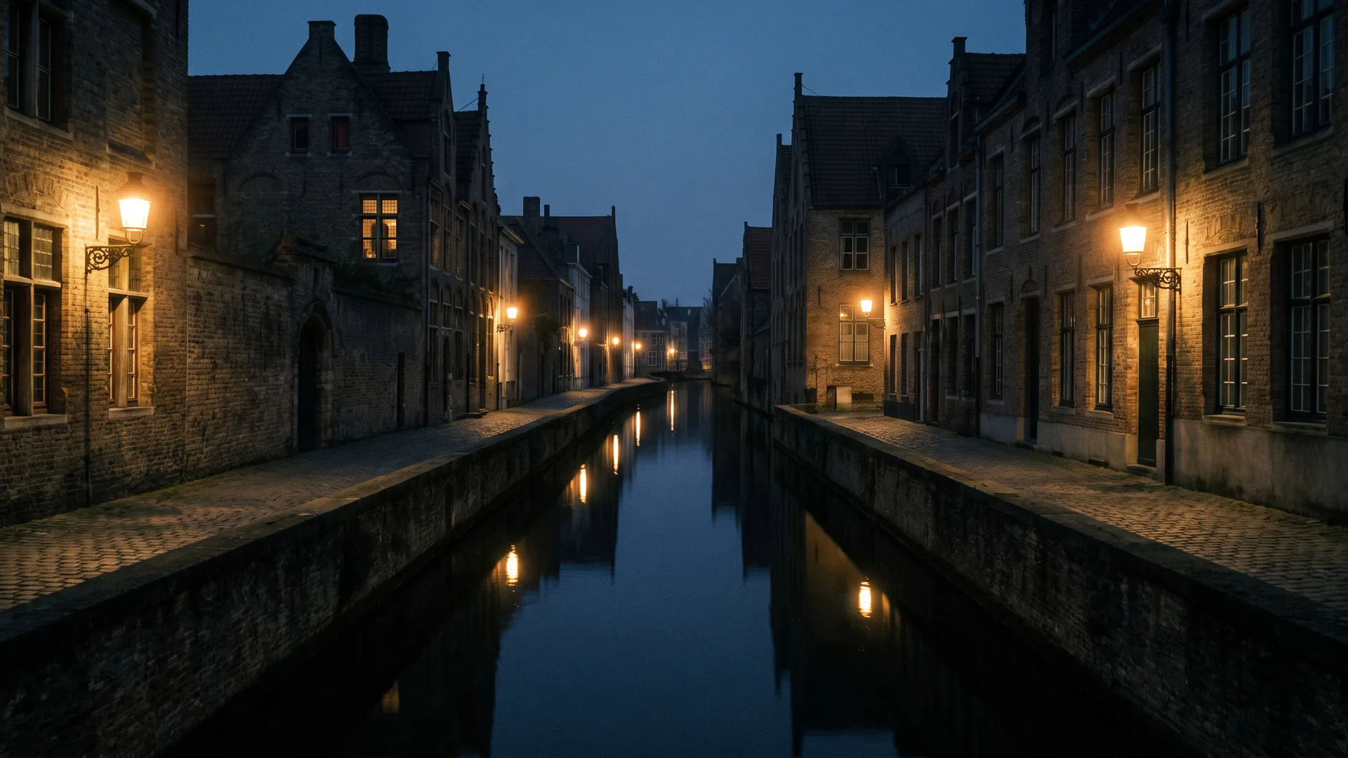 A narrow canal in Bruges at dusk with a lantern lit quay on either side and nothing crossing the water between them.