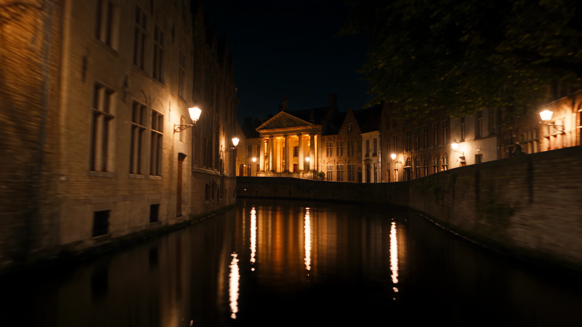 A Bruges canal after dark, lamps along the quay laying long reflections on still water.